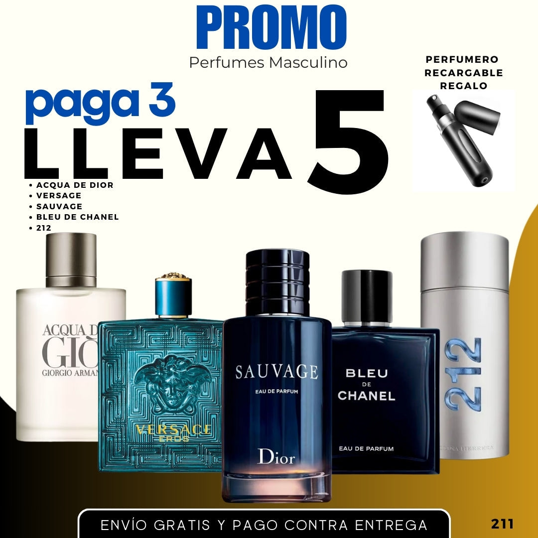 0211 -5 PERFUMES + 1 REGALO (212 - sauvage - Bleu - Versace - acqua de dior + perfumero)