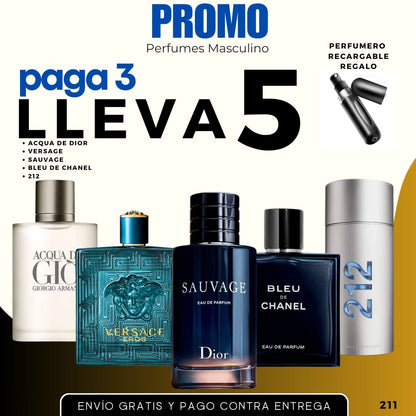 0211 -5 PERFUMES + 1 REGALO (212 - sauvage - Bleu - Versace - acqua de dior + perfumero)