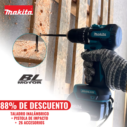 KIT MAKITA ORIGINAL: TALADRO INALÁMBRICO con PISTOLA DE IMPACTO + 26 ACCESORIOS + 2 BATERIAS PROMOCIÓN CIERRE DE TIENDA - Envío Gratis 24H MRW